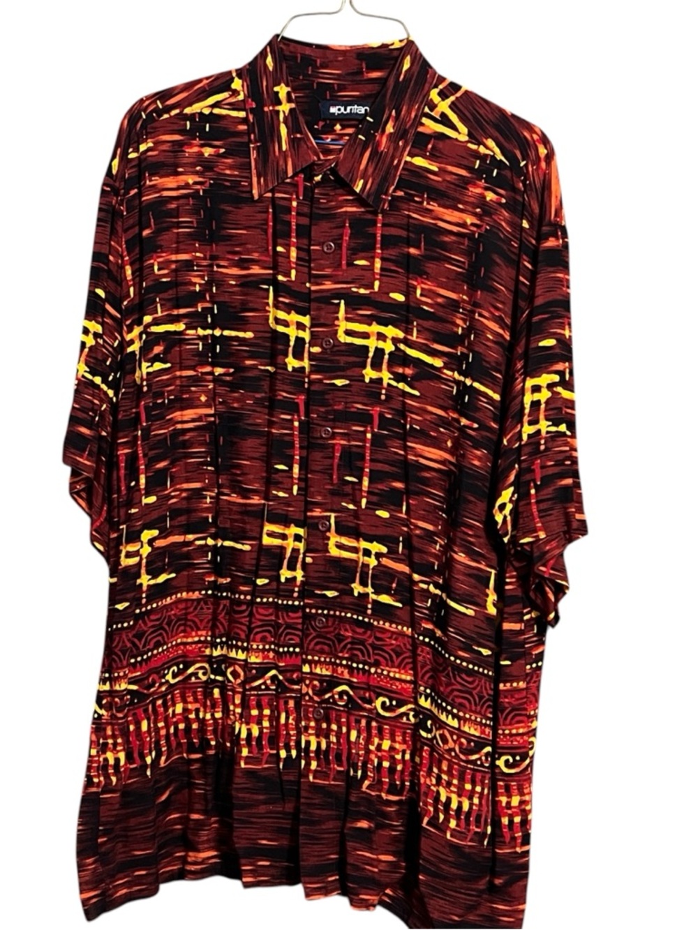 Puritan Men's Button-Up Shirt - Red & Yellow Hawaiian Fire Pattern Size Large